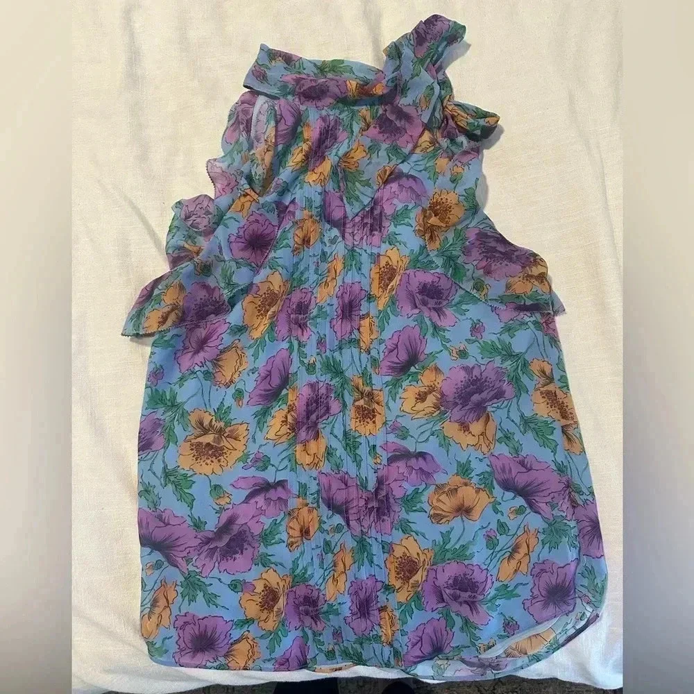 NWT VERONICA BEARD Silk Dali Top Ruffle Lake Blue Multi size 4 - Picture 5 of 7